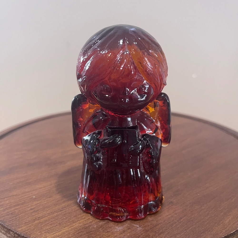 Vtg Mosser Amberina Red Glass Angel Figurine MCM UV Glow Cadmium 3.5"